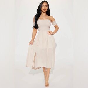 Love Tree Taupe Off-Shoulder Travel Lust Midi Dress